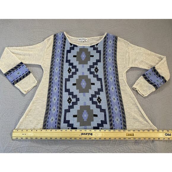 Wildfox Sz S Aztec Geometric Blue Coated Front LS Oversized Sweater USA - Picture 7 of 7